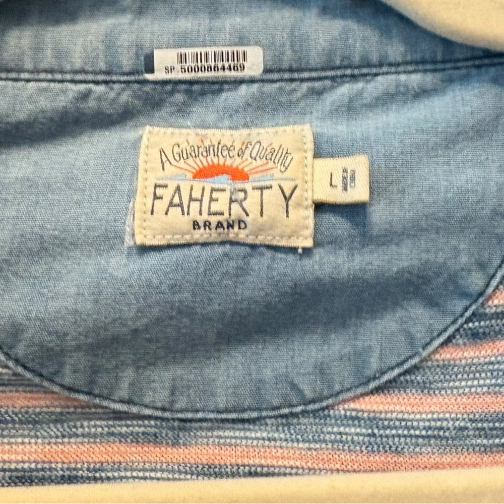 Faherty Short Sleeve Indigo Polo‎ Shirt Baypoint Stripe Cotton Size Large - Picture 3 of 8